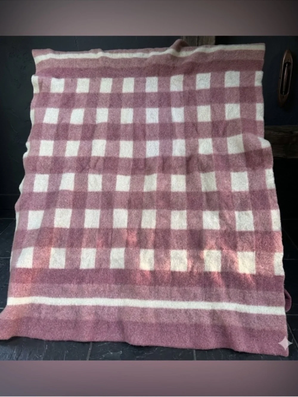Vintage Mohair Wool Blanket Pink Cream Check 60x80